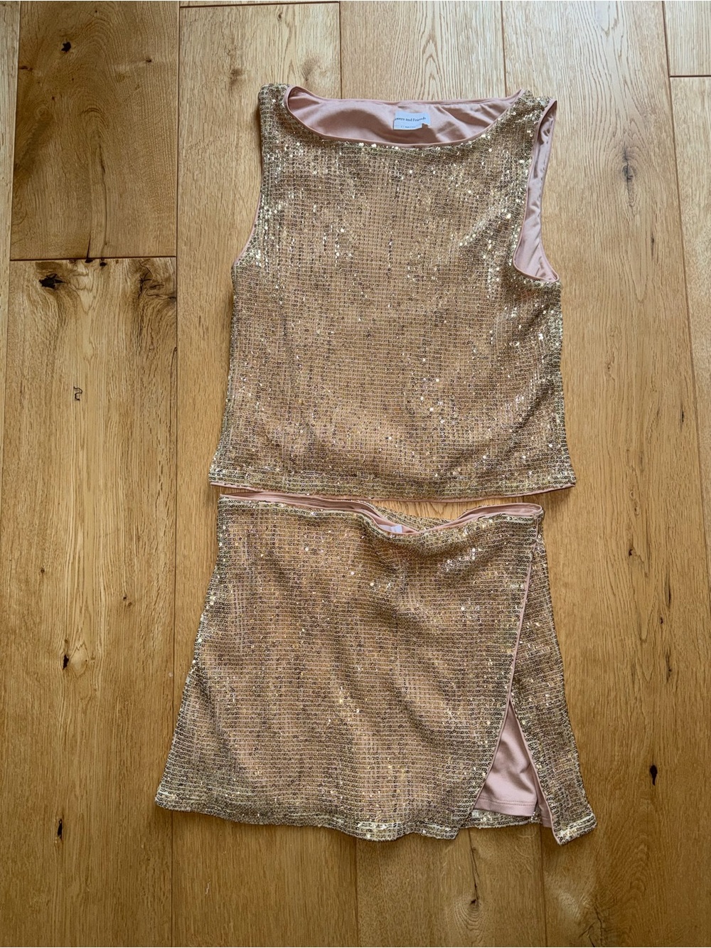 Lovers + Friends Selma Gold Sequin Sleeveless Crop Top & Mini Skirt Set
